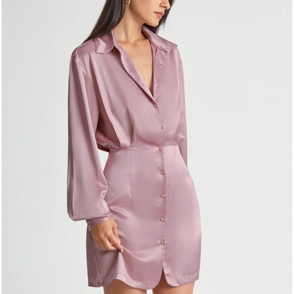 Commense Dresses & Skirts - Pink Satin Long Sleeve Collared Button Front Shirt Dress- Size Small